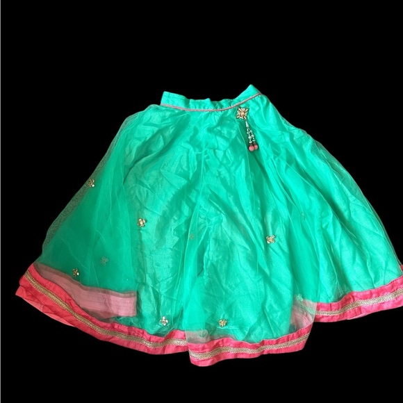 Girls Indian Lehenga Skirt Size 20 Green Pink Gold Trim Traditional Outfit Party - Picture 1 of 6